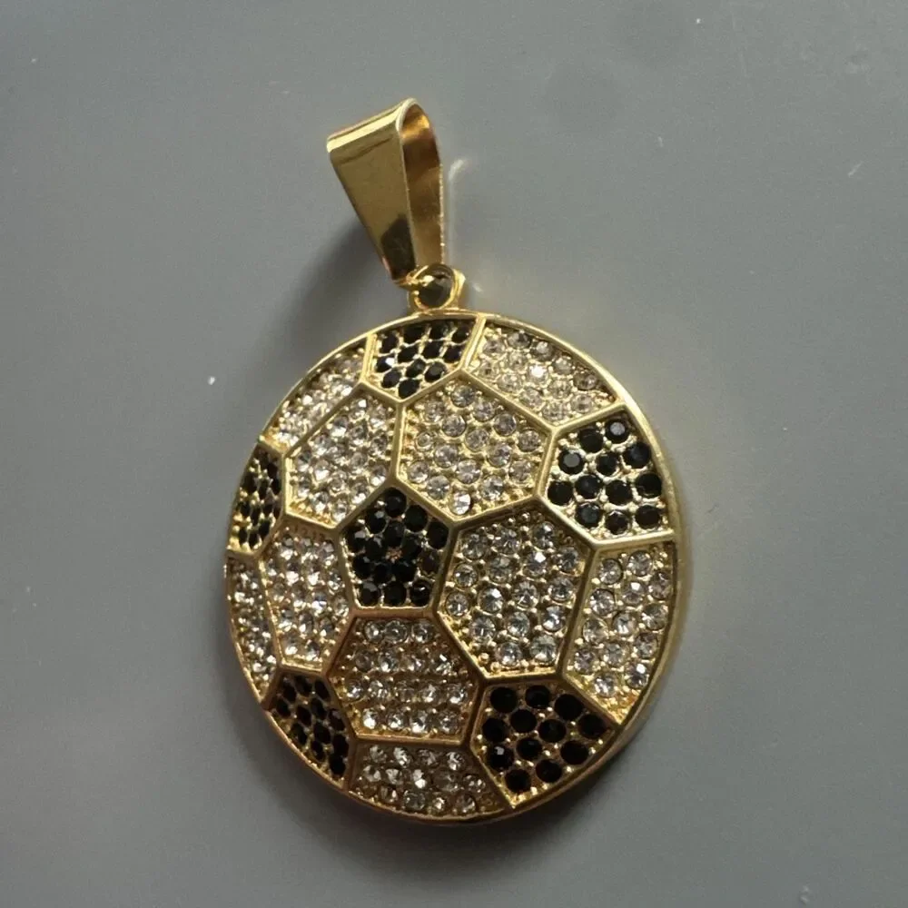 Stainless Steel Soccer Football Pendant 24” Chain World Cup Gold Cubic Zirconia